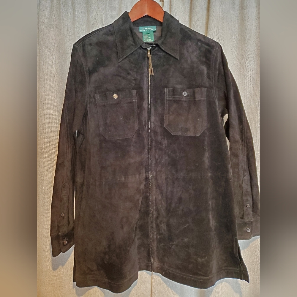 LAUREN Black 100% Suede Leather Full Zip Shirt Jacket Size Medium Excellent